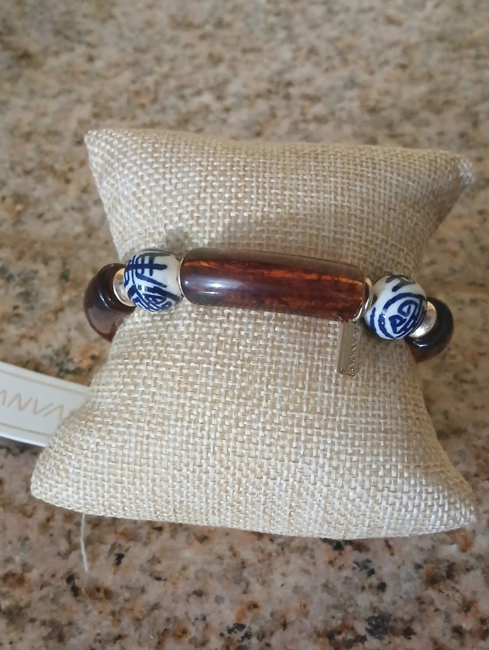 Bella Canvas Brown Resin Bracelet with Blue & White Beads